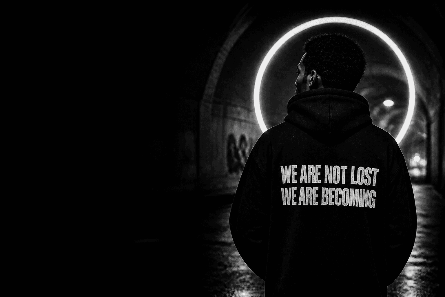 The Lost Generation model wearing the We Are Becoming hoodie